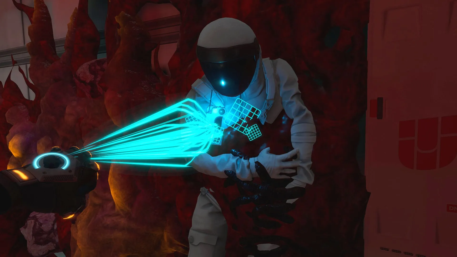 A beam weapon against a flesh-covered wall