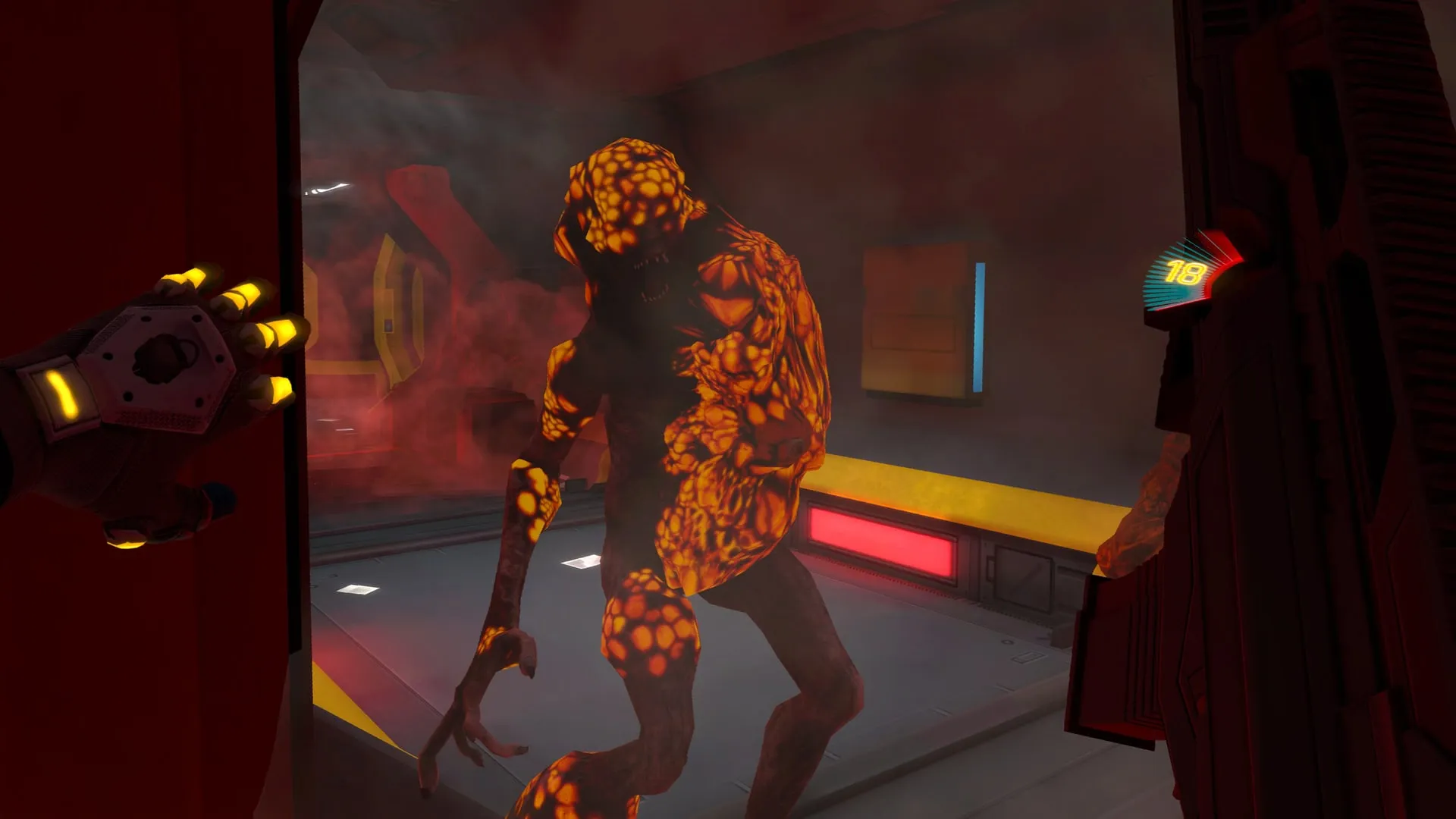 A burning creature in a red-lit doorway
