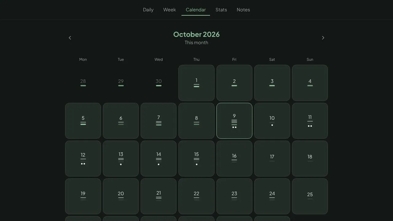 Month calendar in dark mode, Forest palette
