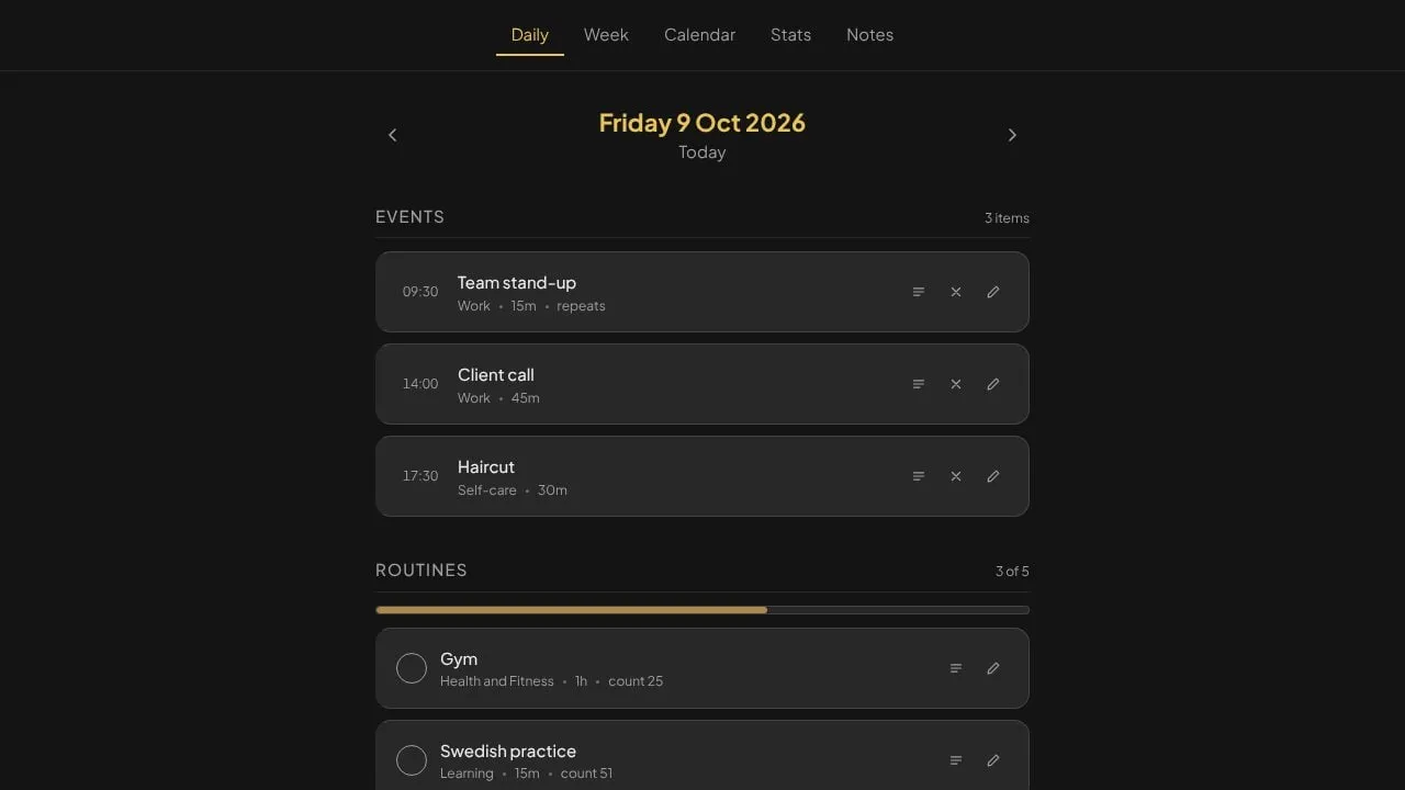 Plainly's daily view in the default Honey palette, dark mode