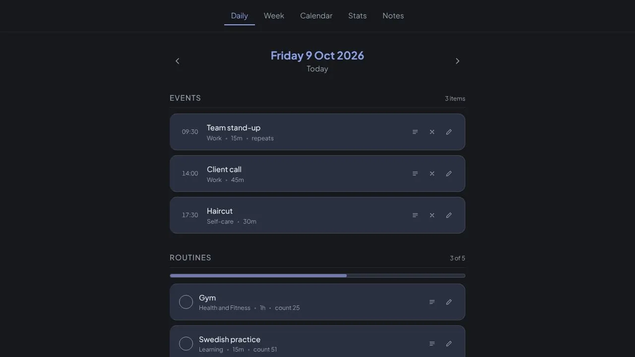 Daily view in dark mode, Tide palette