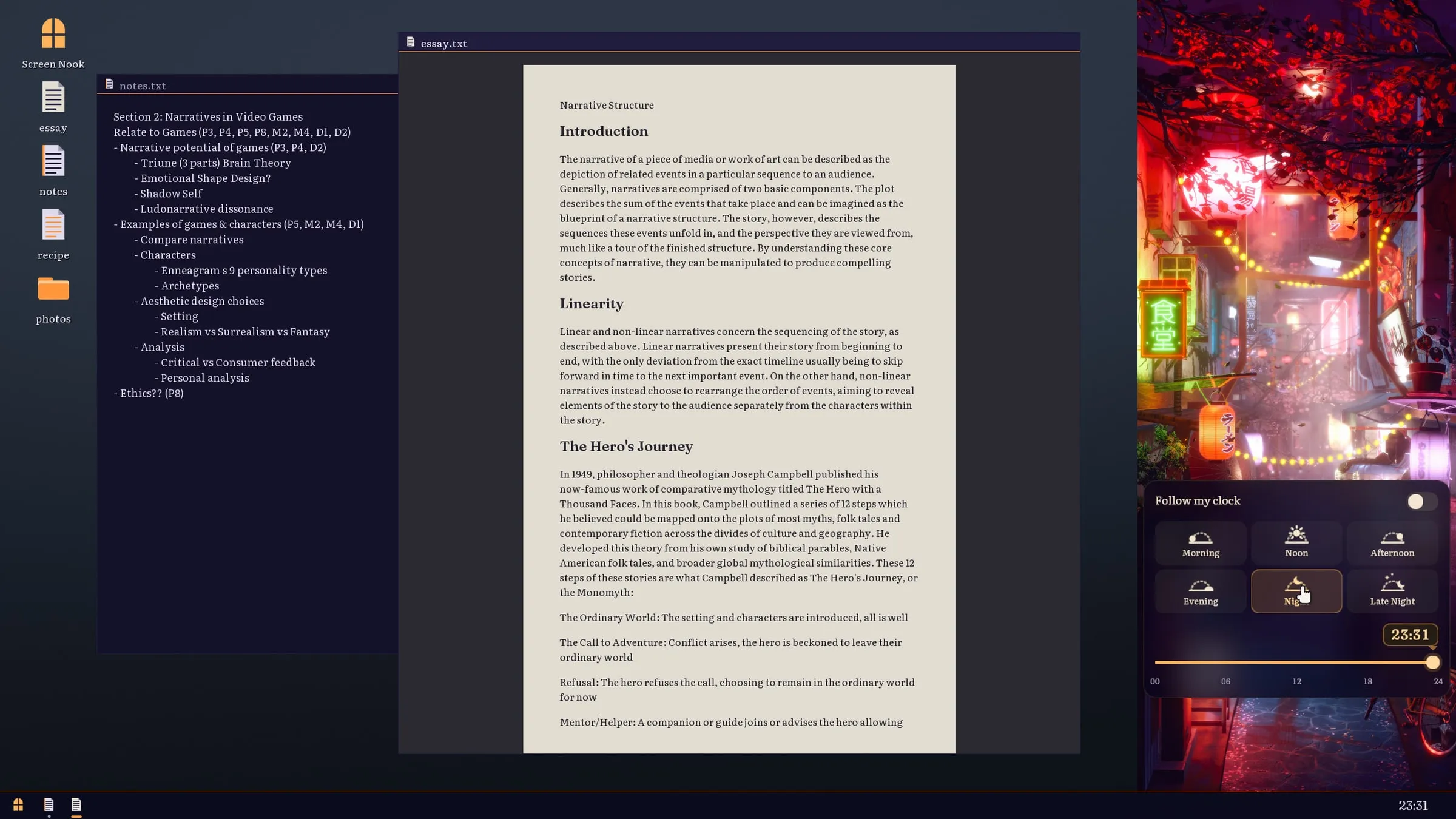 The clock menu open, with the time-of-day buttons and slider