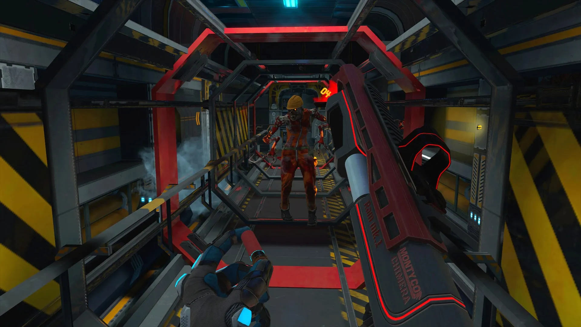 A hazard-striped corridor with an enemy approaching