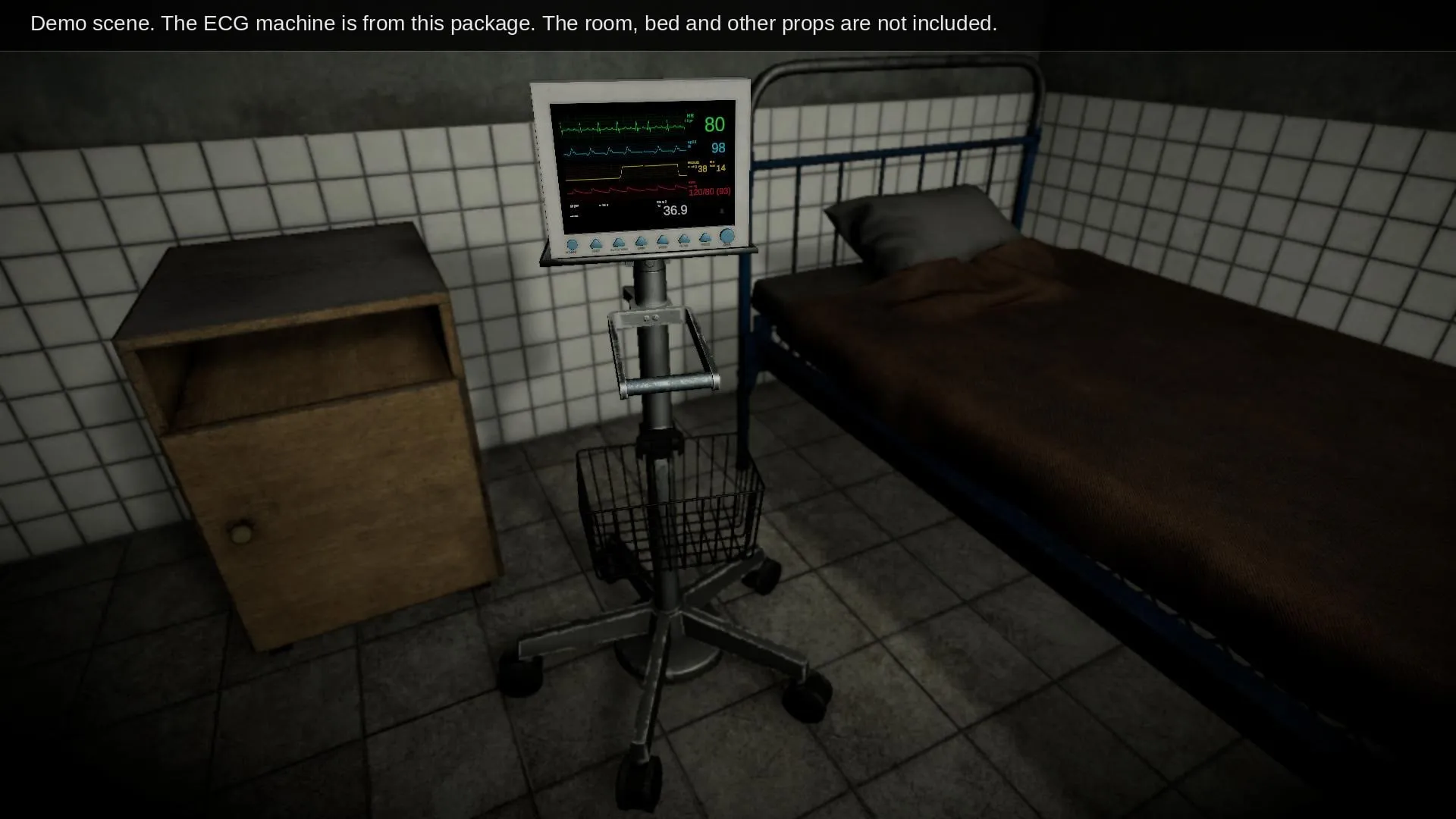 Demo scene: the ECG machine in a hospital room, with a caption that the room is not included