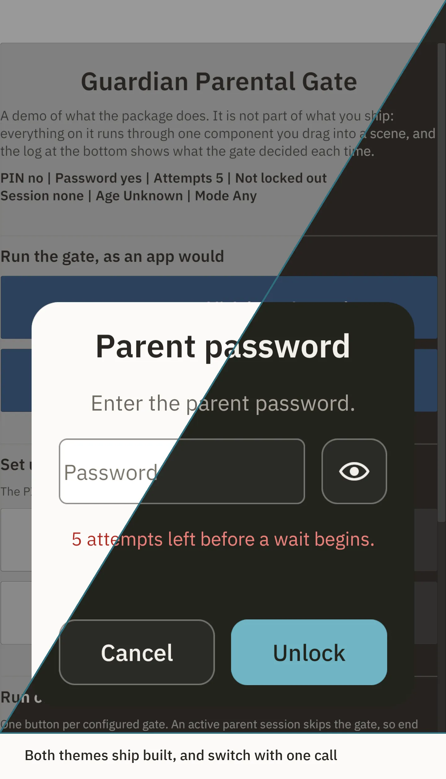 The password screen split between light and dark themes