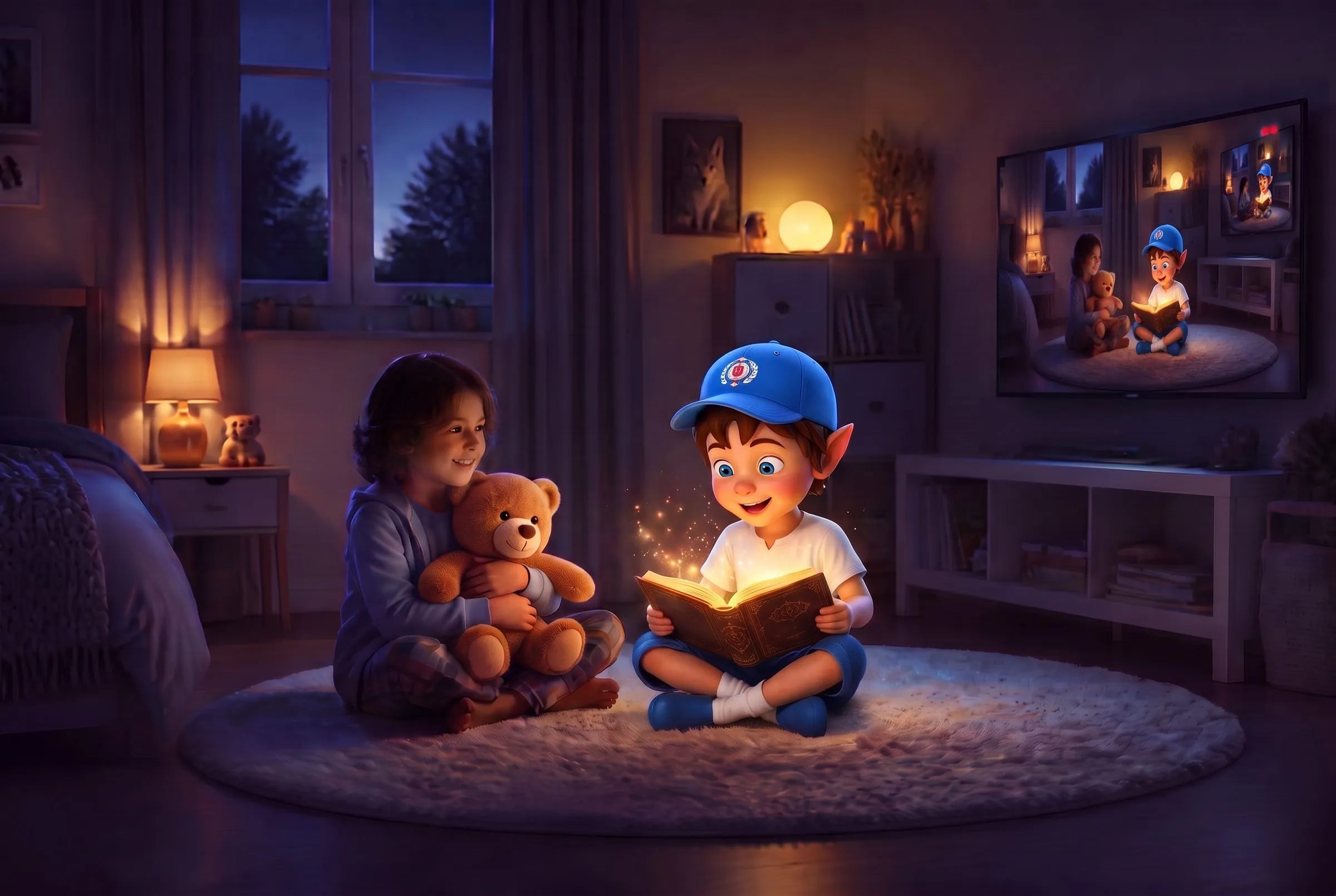 An illustrated child with a teddy bear beside Chuck as he reads