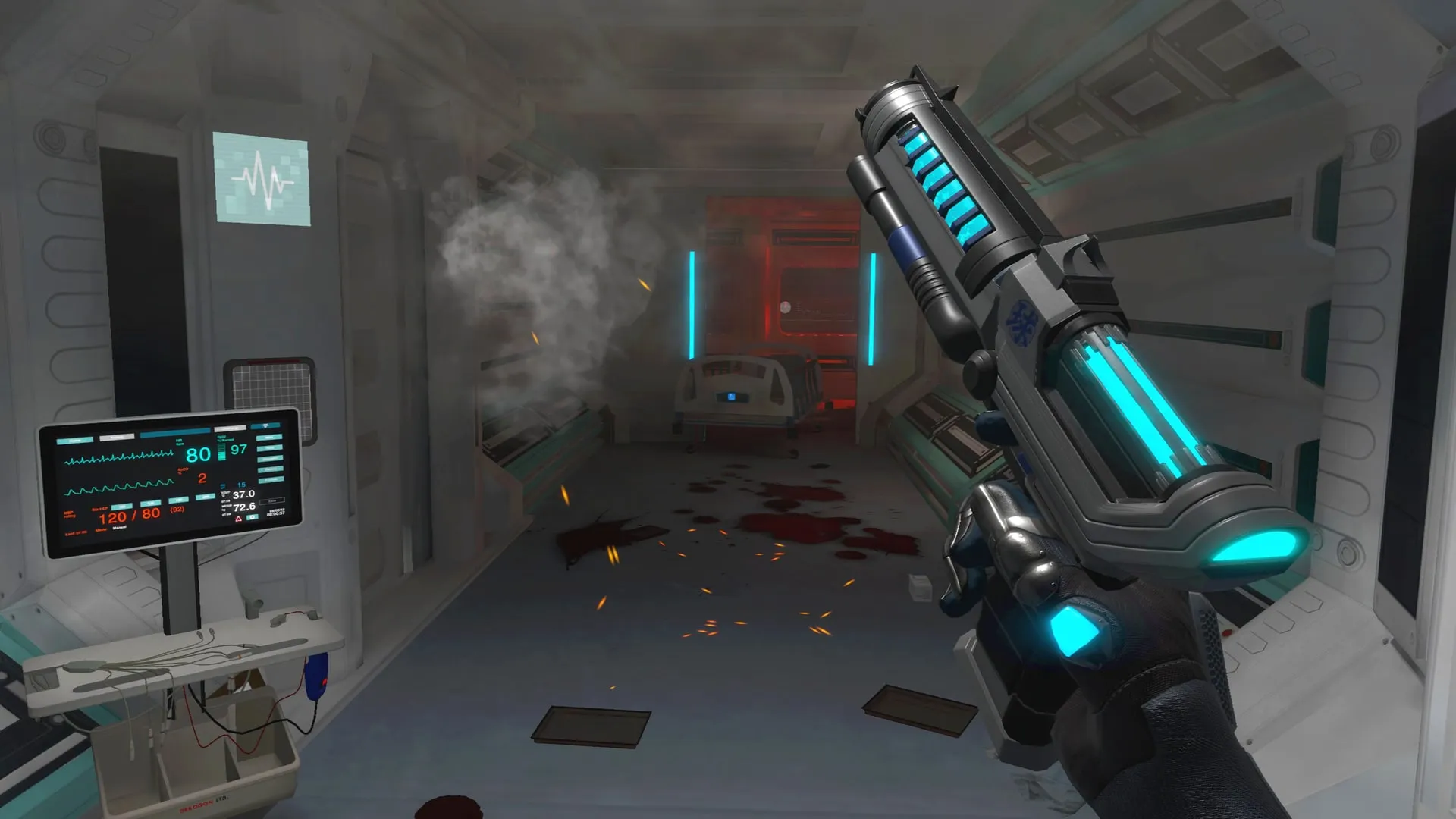 A medical bay with a monitor and a raised weapon