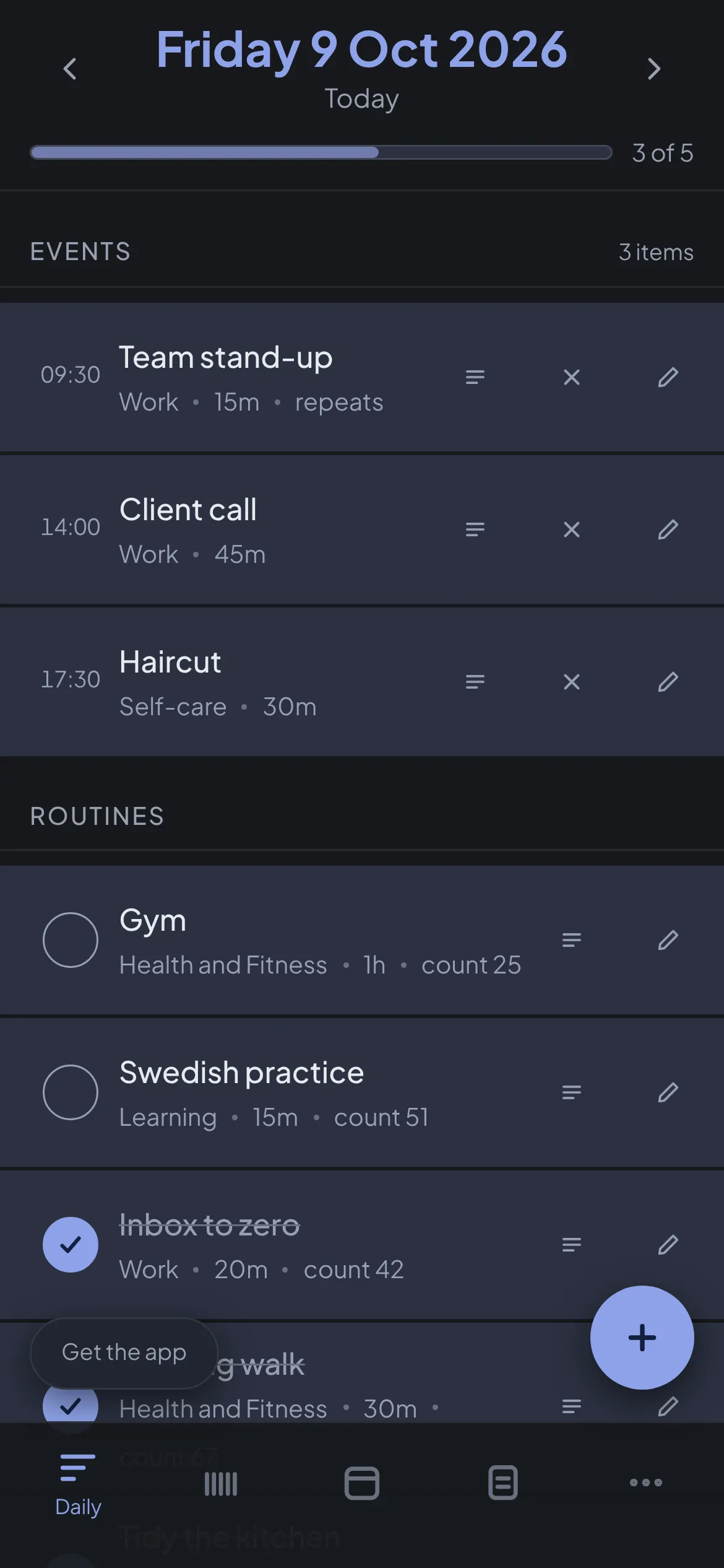 Daily view on a phone, Tide palette, dark