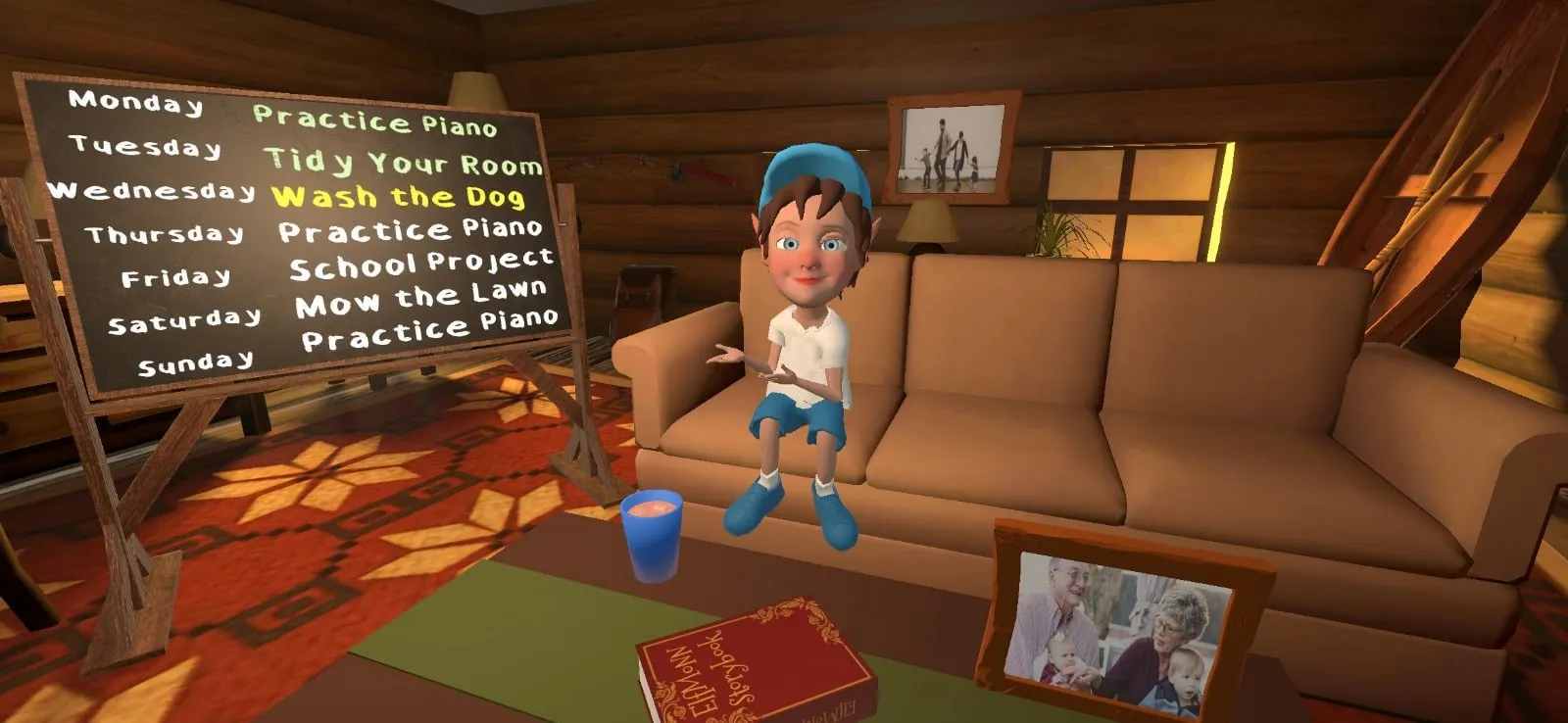 Chuck the Elf beside the weekly task and reward chalkboard