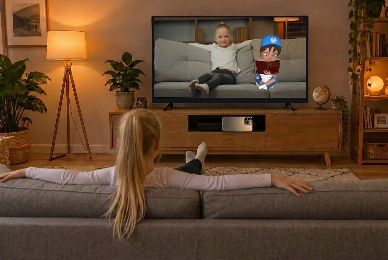 A child on a sofa watching herself beside Chuck the Elf on the television